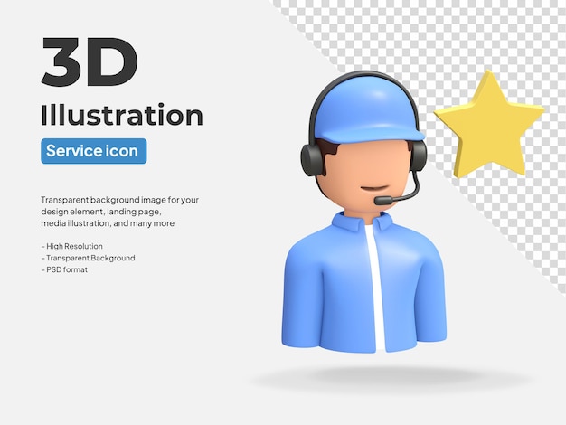 PSD męskie centrum telefoniczne z ikoną obsługi klienta zestawu słuchawkowego i symbolem gwiazdy oceny 3d renderowana ilustracja