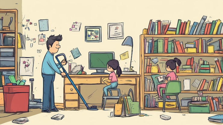 PSD a messy room being cleaned by a parent and children