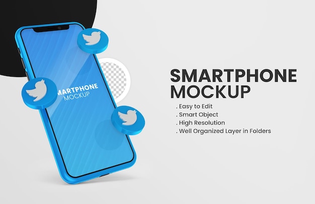 Met 3d render twitter icoon smartphone mockup