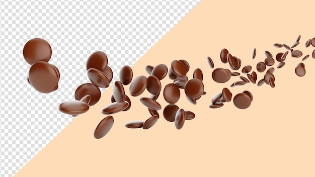 Met chocolade omhulde bonen snoepjes die in de lucht stromen chocoladebruine snoepjes 3d illustratie