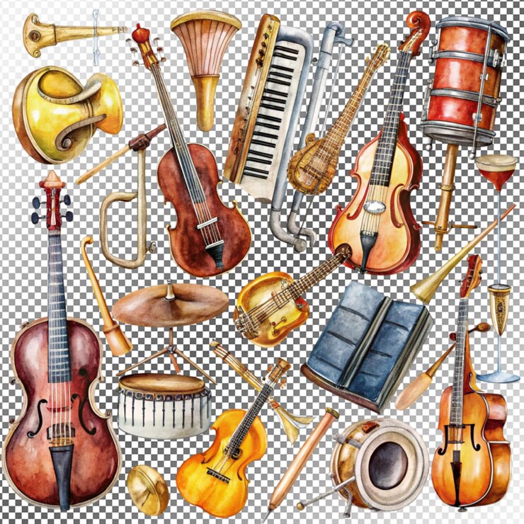 PSD met de hand getekende muziekinstrumenten op een doorzichtige achtergrond