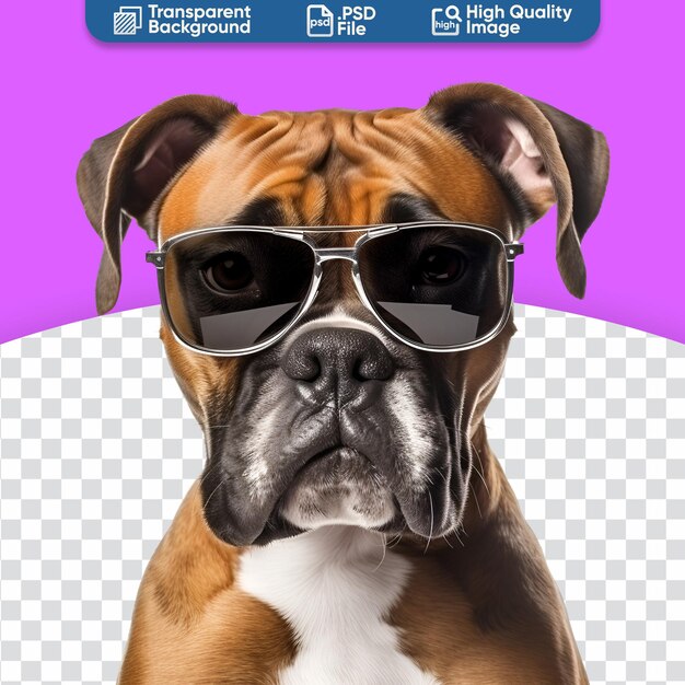 PSD met een zonnebril een gelukkige boxer hond prachtig klaar voor het zomerstrand in close-up