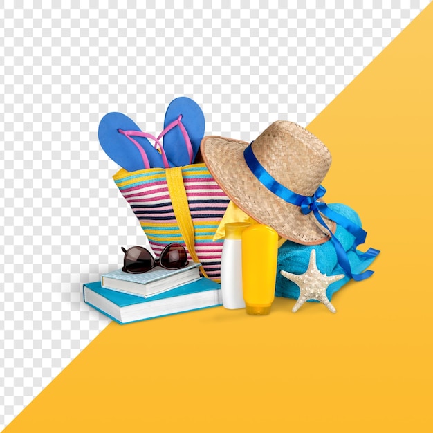 met hoed, tas en flip-flops