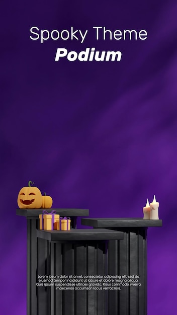 Met kaarsen, geschenken en pompoenen die 3d blanco mockup weergeven halloween-podium in portret