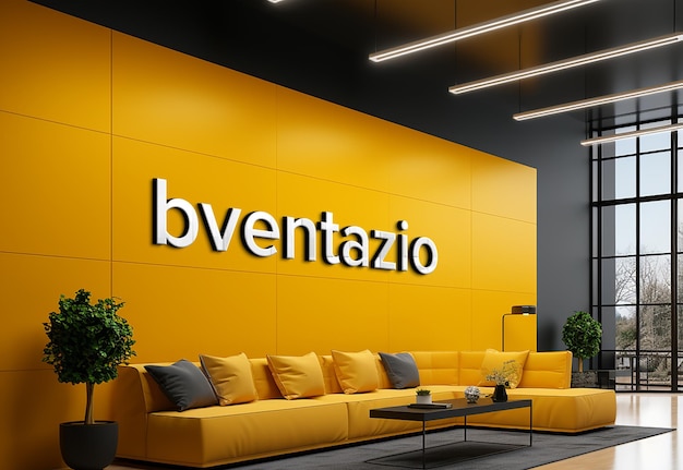 Metal 3d realistic logo mockup on yellow wall indoor with sofa