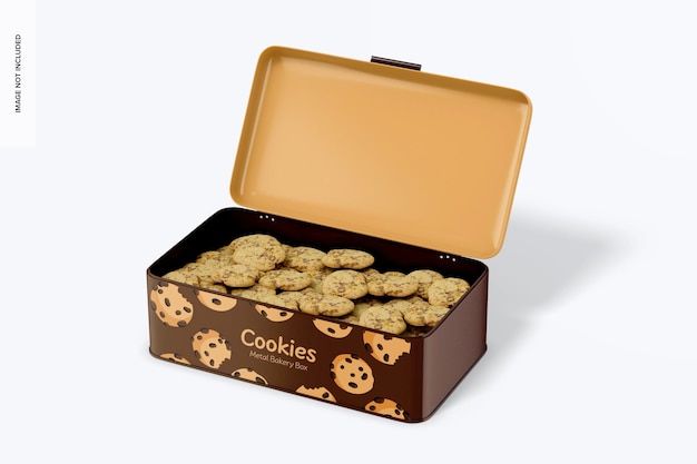 PSD scatola da forno in metallo con mockup di biscotti