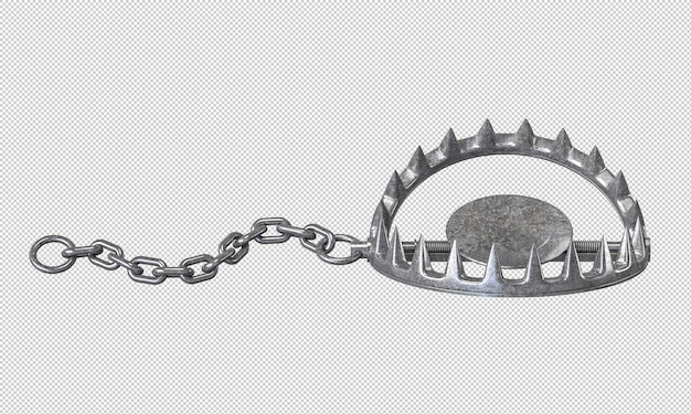 Metal bear trap with chain isolated on transparent background