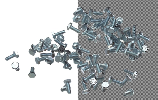 PSD 산업 및 수리 공기에서 날아가는 금속 볼트 은 볼트 조인트 견과류 기계 부품 회색 볼트 잠금 견과류 세탁기 사용  배경 고립