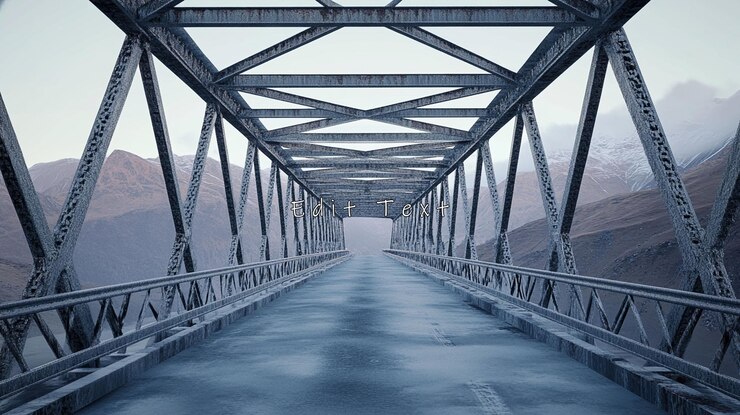 PSD metal bridge over mountains scenic road