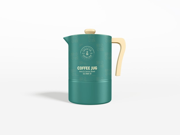 金属製のコーヒーの水差しとプラスチック製のカップのブランドのモックアップ