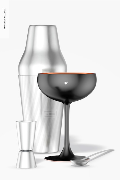 PSD metal coupe cocktailglas mockup, met shaker