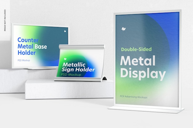 PSD metal desktop sign holder scene mockup, left view