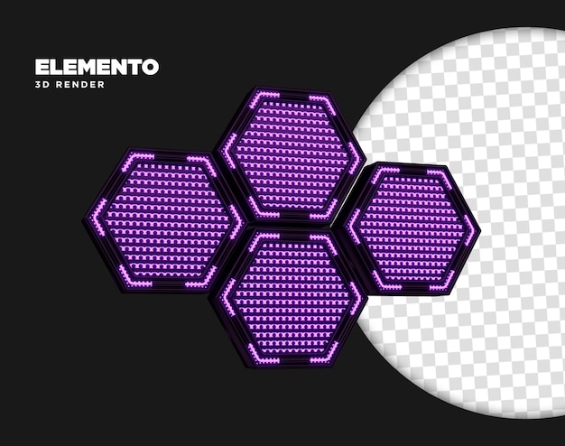 PSD metal hexagons with grid and neon 3d render