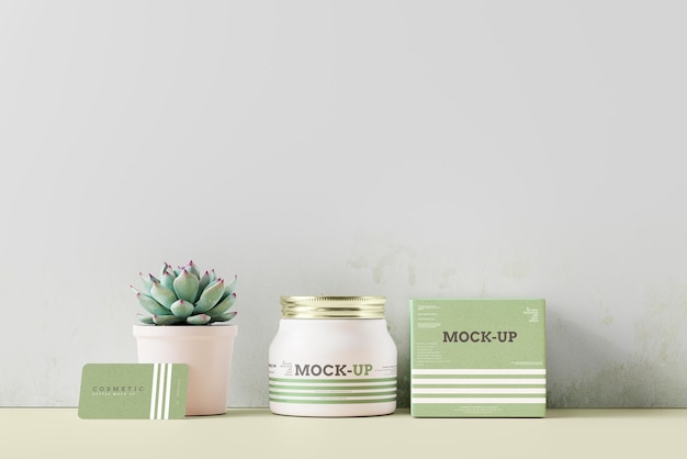 Metal lid cosmetic jar with box mockup scene