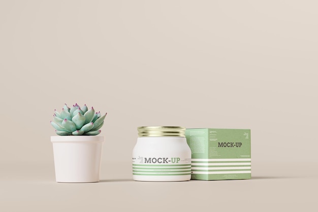 Metal lid cosmetic jar with box mockup scene