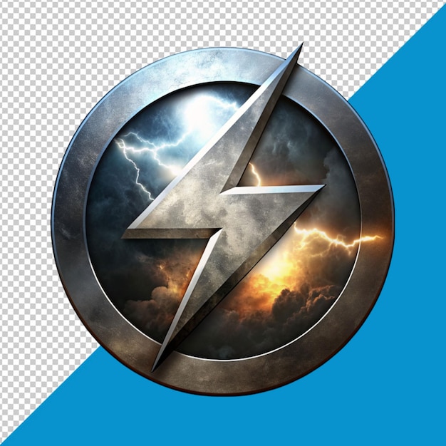 PSD metal logo of lightening bolt on transparent background