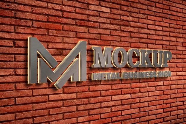 PSD metal logo mock-up design on red brick exterior wall