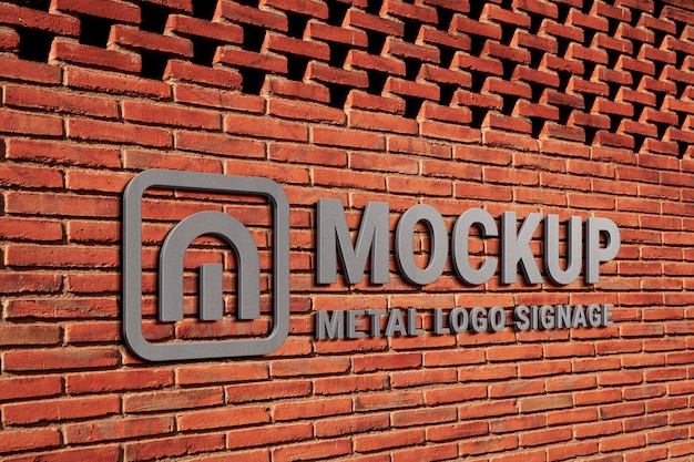 PSD metal logo mock-up design on red brick exterior wall