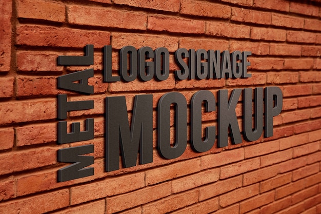 PSD metal logo mock-up design on red brick exterior wall