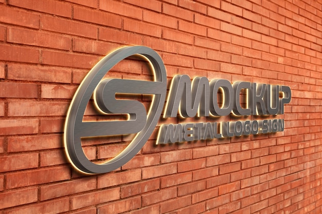 PSD metal logo mock-up design on red brick exterior wall