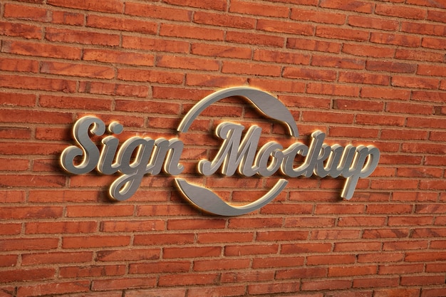 PSD metal logo mock-up design on red brick exterior wall