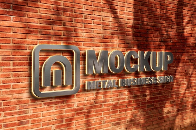 PSD metal logo mock-up design on red brick exterior wall