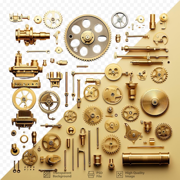 Metal mechanical components and industrial objects contrasted against a transparent background