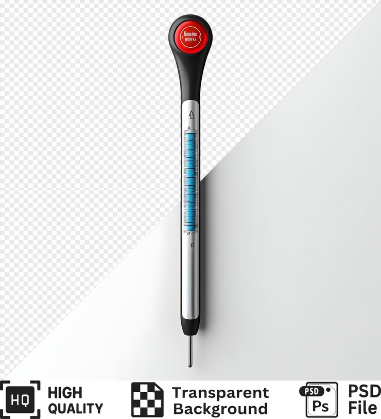 PSD metal and plastic thermometer with blue and red color accents isolated on a white background