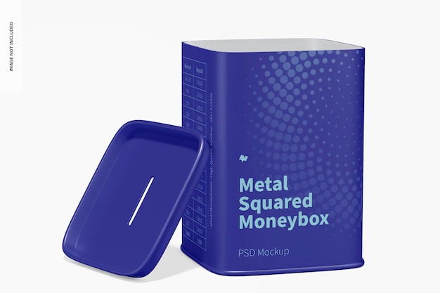 Metal squared moneybox mockup, geopend