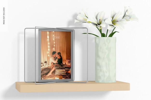 PSD metal table photo frame on shelf  mockup