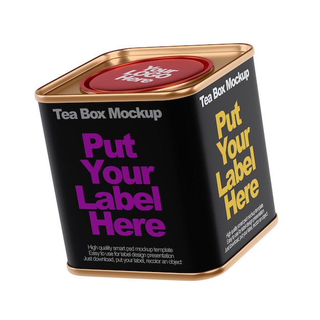 Metal tea tin can. Isolated square tea box PSD mockup design. Modern tea brand package