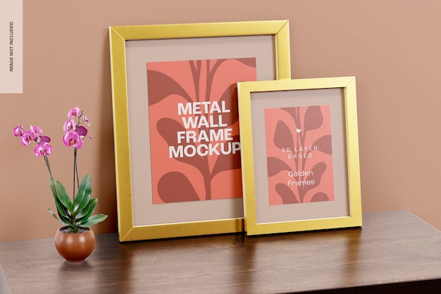 Metal wall frames mockup, leaned