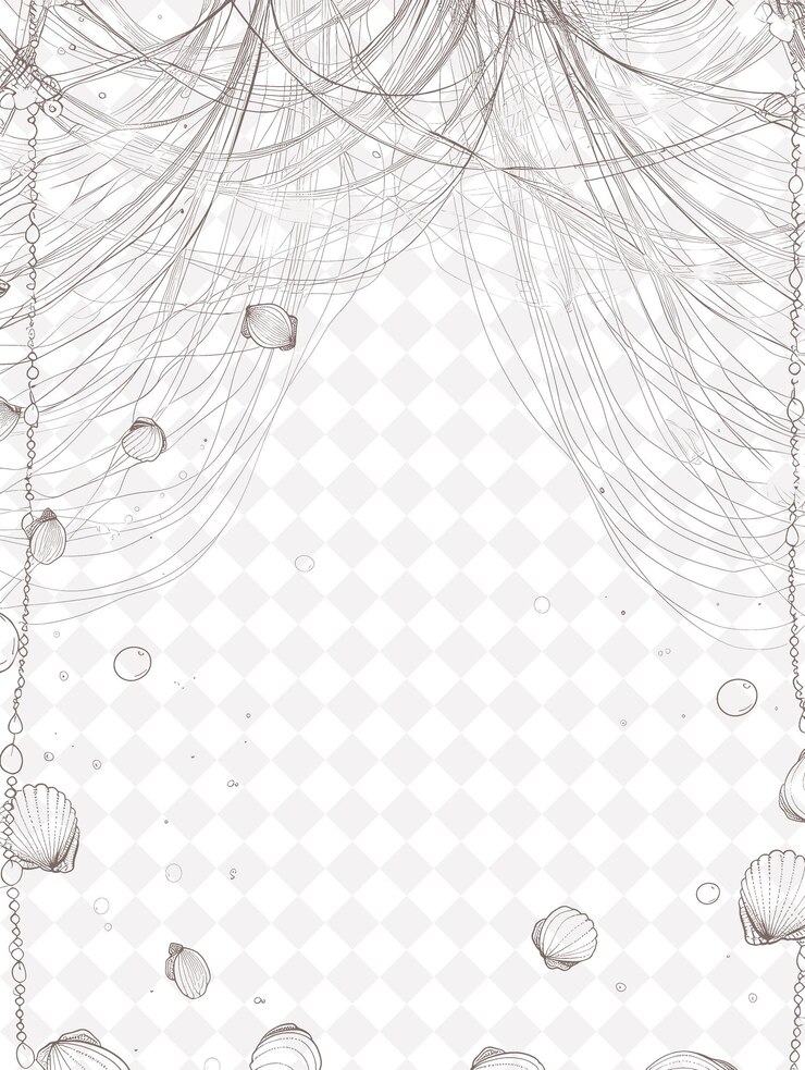 PSD metal wire frame with cascading waterfall strings and seashe png creative background design