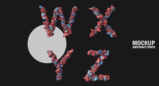 W、x、y、z の英字で配置された青と赤の金属の抽象的な岩