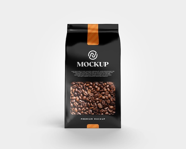 Metallic bag with coffee beans mockup front view