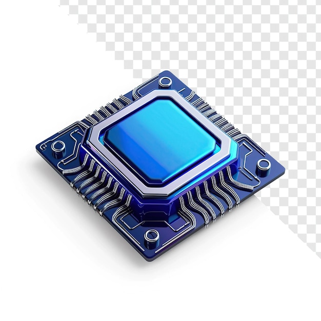 PSD metallic blue cpu chip icon on transparent background