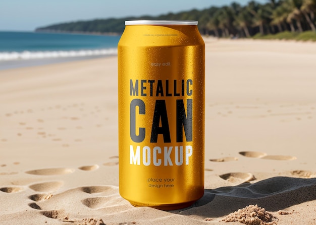 PSD metallic can on the beach mockup psd template