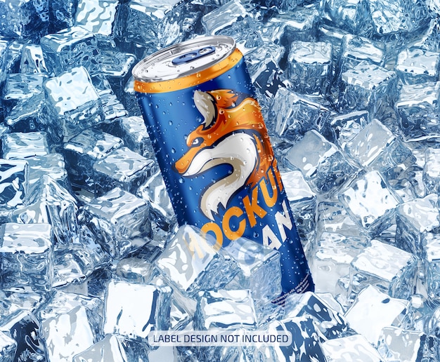 PSD metallic can mockup with drops and ice