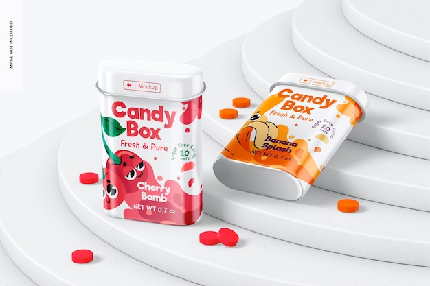 metallic candy boxes mockup, standing and dropped