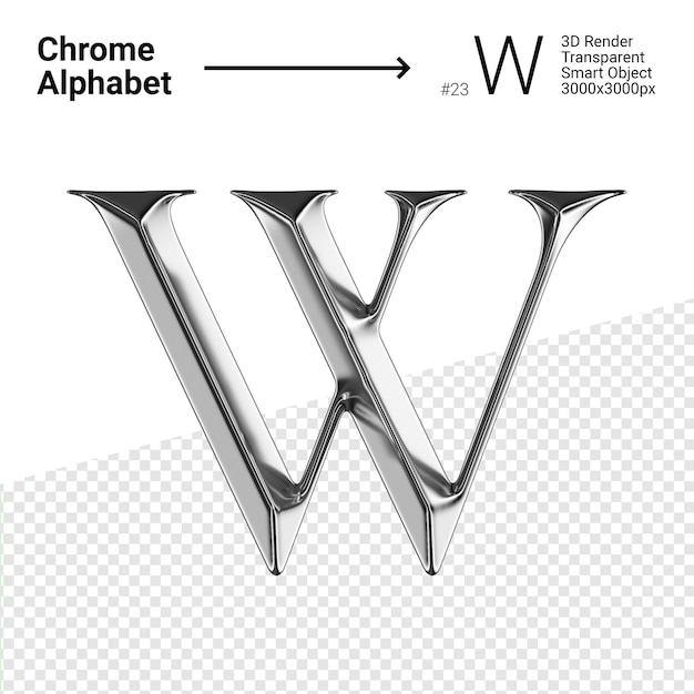 PSD metallic chrome alphabet letter w isolated