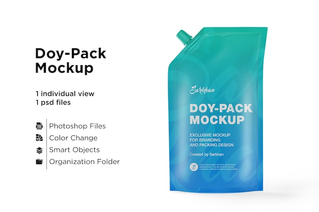 Vista frontale del mockup metallico doypack