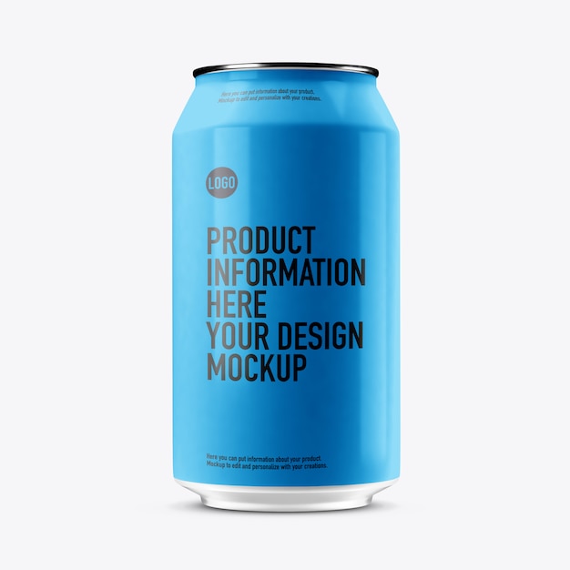 Metallic drink can mockup on white wall