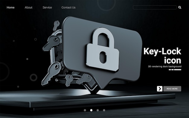 metallic glossy lock and key symbol on dark background 3d rendering