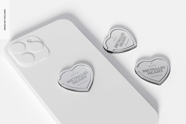 Metallic heart popsockets mockup, perspective