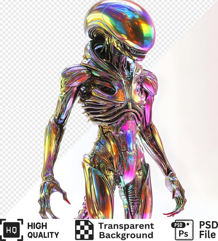 PSD metallic humanoid alien creature with iridescent skin isolated on a transparent background