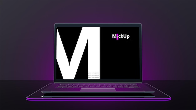 PSD mockup metallico per laptop su supporto e bordo luminoso magenta a led posizionato su sfondo nero