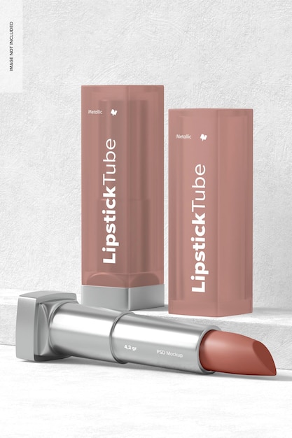 Metallic lipstick tubes mockup, standing and dropped