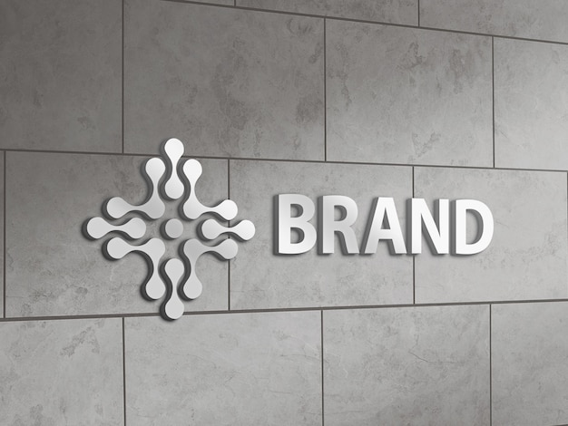 PSD metallic logo mockup on a tile wall