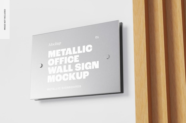 PSD metallic office wall sign mockup, perspective