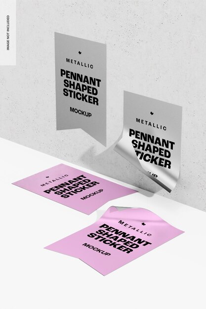 Metallic Pennant Shaped Stickers Mockup, Perspective